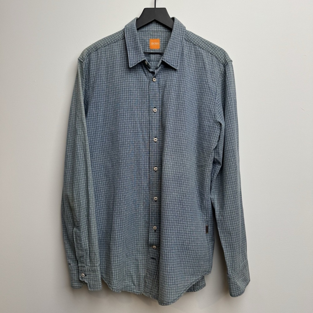 Hugo Boss Shirt Mens Large Blue Check Long Sleeve Regular Fit Casual Stretch‎